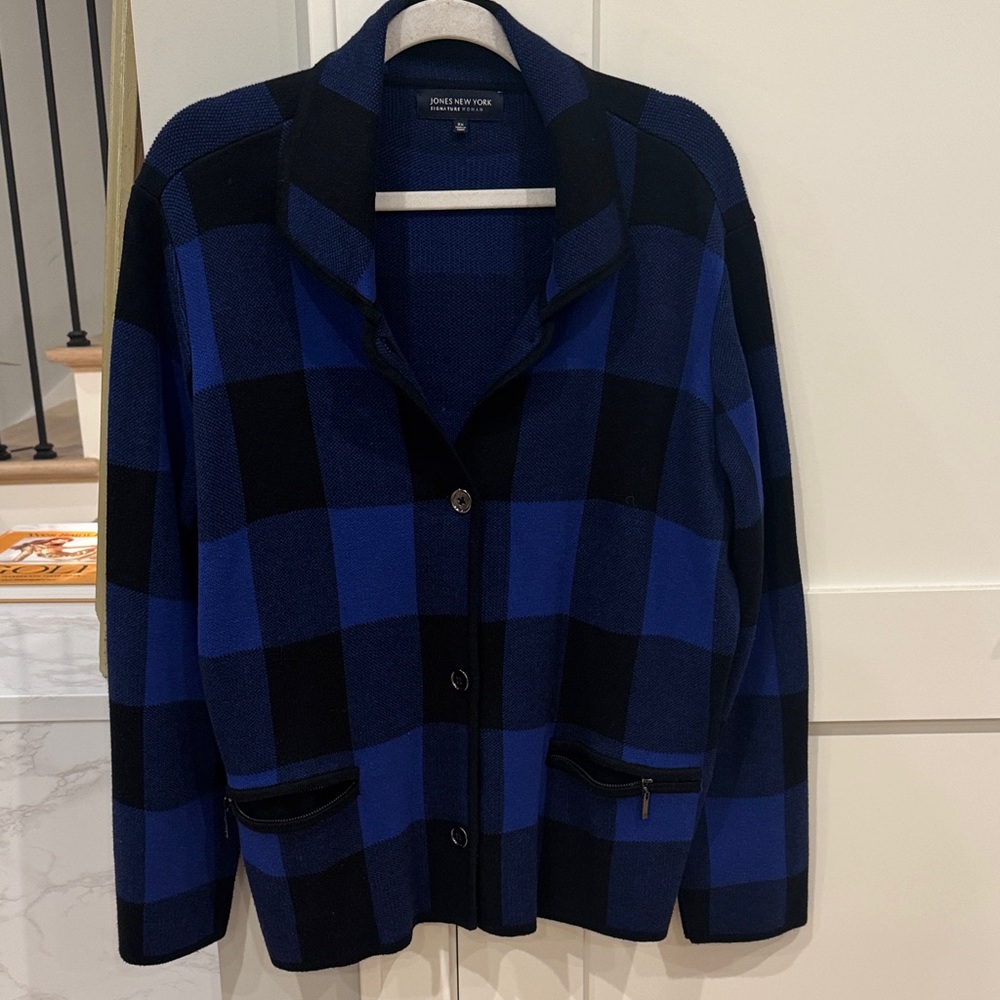 Jones New York Women's Blue and Black Plaid Blazer